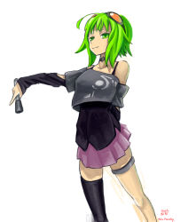 Rule 34 | 1girl, ahoge, arantheus, arm behind back, bare shoulders, black thighhighs, choker, cosplay, female focus, goggles, goggles on head, green eyes, green hair, gumi, highres, ia (cosplay), ia (vocaloid), loose clothes, loose shirt, matching hair/eyes, miniskirt, pink skirt, pleated skirt, red-tinted eyewear, shirt, short hair, single thighhigh, skirt, smile, solo, thigh strap, thighhighs, tinted eyewear, vocaloid