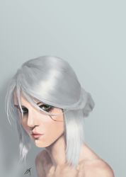 Rule 34 | 1girl, absurdres, acooc, bare shoulders, ciri, close-up, eyeshadow, green eyes, grey background, hair bun, highres, lips, looking at viewer, makeup, mascara, nose, portrait, realistic, scar, scar across eye, scar on face, signature, silver hair, single hair bun, solo, the witcher (series), the witcher 3, updo