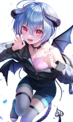 Rule 34 | 1girl, bare shoulders, bat wings, black footwear, black horns, black jacket, blue hair, blue shorts, breasts, camisole, claw pose, cleavage, collar, commentary, curled horns, demon girl, demon horns, demon tail, demon wings, fangs, feet out of frame, hair between eyes, highres, horns, jacket, liso, long sleeves, looking at viewer, o-ring, off shoulder, open mouth, original, pointy ears, red eyes, shoes, short hair, shorts, skindentation, sneakers, solo, strap gap, tail, thigh gap, thighhighs, torn wings, white background, white thighhighs, wings, zipper