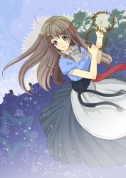 Rule 34 | 1girl, ahoge, apron, bad id, bad pixiv id, blue eyes, blush, brown hair, buttons, chimney, dress, dual wielding, dutch angle, floating hair, fringe trim, from side, grey hair, holding, holly, house, light smile, long hair, long skirt, looking at viewer, mistletoe, original, outdoors, pleated skirt, puffy short sleeves, puffy sleeves, sala, sash, shirt, short sleeves, skirt, sky, smile, snow, solo, standing, star (symbol), tree, waist apron, wing collar, wreath