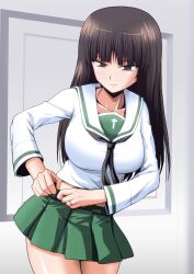 Rule 34 | 1girl, adjusting skirt, alternate costume, black eyes, black hair, black neckerchief, blouse, blunt bangs, closed mouth, commentary request, cowboy shot, dressing, frown, girls und panzer, green skirt, half-closed eyes, highres, jewelry, kamishima kanon, long hair, long sleeves, looking back, mature female, microskirt, midriff, neckerchief, nishizumi shiho, ooarai school uniform, pleated skirt, ring, sailor collar, school uniform, serafuku, shirt, skirt, solo, standing, straight hair, wedding ring, white sailor collar, white shirt