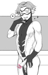 Rule 34 | 1boy, blush, erection, goggles, highres, kid flash, kiricloud, male focus, monochrome, nipples, penis, solo, tagme, testicles, torn clothes