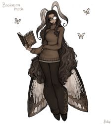 Rule 34 | 1girl, absurdres, antennae, arm under breasts, arthropod girl, artist name, black lips, black pants, black sclera, book, breasts, brown eyes, brown hair, brown sweater, bug, butterfly, colored sclera, commentary, english commentary, english text, full body, glasses, highres, holding, holding book, insect, insect girl, insect wings, long hair, long sleeves, looking at viewer, matilda fiship, medium breasts, monster girl, moth girl, moth wings, opaque glasses, open book, original, pants, parted lips, partially opaque glasses, simple background, solo, sweater, turtleneck, turtleneck sweater, very long hair, wavy hair, white background, wings