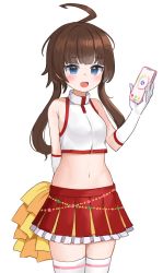 Rule 34 | 1girl, :d, absurdres, ahoge, arm behind back, armpit crease, bare shoulders, blue eyes, breasts, brown hair, cellphone, cheerleader, counter:side, cowboy shot, crop top, frilled skirt, frills, gloves, hand up, highres, holding, holding phone, holding pom poms, long hair, looking at viewer, midriff, miniskirt, navel, official alternate costume, open mouth, phone, pleated skirt, pocari (sq551), pom pom (cheerleading), pom poms, red skirt, shirt, simple background, skirt, sleeveless, sleeveless shirt, small breasts, smartphone, smile, solo, standing, stomach, thighhighs, white background, white gloves, white shirt, white thighhighs, yang harim, zettai ryouiki