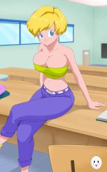 Rule 34 | 1girl, absurdres, arm support, bare shoulders, belt, blonde hair, blue eyes, blue pants, breasts, bursting breasts, caisamax, chair, classroom, crossed legs, desk, dragon ball, dragonball z, earrings, green shirt, highres, hoop earrings, indoors, erasa (dragon ball), jewelry, large breasts, looking at viewer, midriff, navel, on desk, pants, shirt, short hair, sitting, on desk, smile, solo, sticker, stomach, strapless, tube top, white belt, window