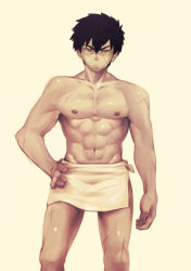 Rule 34 | 10s, abs, black hair, doudanuki masakuni, feet out of frame, gen yoro, groin, hand on own hip, looking at viewer, male focus, naked towel, navel, nipples, pectorals, scar, short hair, simple background, solo, solo focus, standing, toned, touken ranbu, towel, towel around waist, yellow eyes