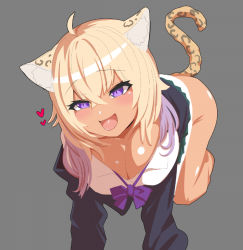Rule 34 | 1girl, :d, ahoge, all fours, alternate costume, alternate hair color, alternate skin color, animal ears, blonde hair, bottomless, bow, bowtie, breasts, cat ears, cat girl, cat tail, cleavage, dark-skinned female, dark skin, grey background, gyaru, heart, hololive, kogal, large breasts, leopard ears, leopard tail, multicolored hair, nekomata okayu, nikujag96737782, open mouth, purple eyes, purple hair, school uniform, simple background, smile, solo, tail, two-tone hair, virtual youtuber