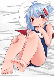 Rule 34 | 1girl, alternate hairstyle, bad id, bad pixiv id, barefoot, bat wings, blue hair, blush, feet, hair bun, hair ornament, hairclip, legs up, lying, nyt (nagane), on back, open mouth, pillow, red eyes, remilia scarlet, school swimsuit, single hair bun, solo, swimsuit, toes, touhou, wings