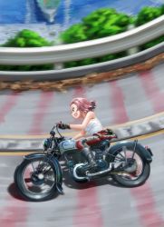 Rule 34 | 10s, 1girl, abazu-red, black footwear, boots, brown eyes, from side, girls und panzer, gloves, highres, leather, leather pants, motion blur, motor vehicle, motorcycle, open mouth, pants, parted bangs, red hair, red pants, riding, rosehip (girls und panzer), shirt, short hair, smile, solo, tank top, vehicle request, white shirt