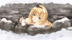 Rule 34 | 1girl, bare shoulders, bathing, blonde hair, blue eyes, braid, character request, commentary request, crown, dated, french braid, hairband, kantai collection, long hair, mini crown, one-hour drawing challenge, onsen, smile, snow, snowman, solo, twitter username, u yuz xx, upper body, warspite (kancolle), water