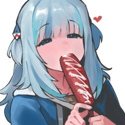 Rule 34 | 1girl, animal hood, blue eyes, blue hair, collarbone, corn dog, dismassd, eating, food, food in mouth, gawr gura, heart, holding, holding food, hololive, hololive english, hood, long hair, open mouth, shark hood, short twintails, simple background, solo, twintails, virtual youtuber
