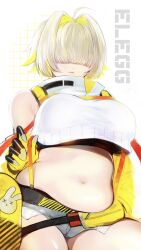 Rule 34 | 1girl, absurdres, ahoge, bare shoulders, blonde hair, breasts, character name, commentary request, cowboy shot, dot nose, elegg (nikke), exposed pocket, fang, goddess of victory: nikke, grid background, hair intakes, hair over eyes, highres, lamuqa, large breasts, lips, medium hair, multicolored hair, navel, parted lips, plump, shorts, solo, suspender shorts, suspenders, thick thighs, thighs, two-tone hair, white background