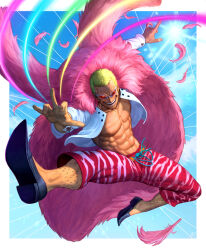 Rule 34 | 1boy, absurdres, black footwear, blonde hair, blue sky, caroline gariba, coat, donquixote doflamingo, feather coat, feathers, flying, highres, leg hair, male focus, multicolored clothes, muscular, muscular male, navel, one piece, open clothes, open mouth, pink coat, shirt, short hair, sky, smile, sunglasses, sunlight, teeth, thread, white shirt