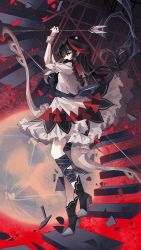 Rule 34 | 1girl, absurdres, arrow (projectile), arrow print, black footwear, black hair, bow (weapon), cone horns, dress, from side, full body, high heels, highres, horns, kijin seija, multicolored hair, red eyes, red hair, solo, stairs, standing, streaked hair, touhou, weapon, white dress, white hair, zerocf155