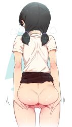 Rule 34 | 1girl, anus, ass, black hair, cleft of venus, clothes lift, commentary, from behind, low twintails, nape, okitaima, original, pleated skirt, pussy, school uniform, shirt, simple background, skirt, skirt lift, solo, spread anus, twintails, white shirt