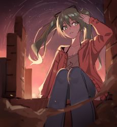 Rule 34 | 1girl, absurdres, arm at side, bad id, bad pixiv id, cardigan, collarbone, denim, dust, earrings, evening, expressionless, eyewear on head, facing viewer, feet out of frame, flat chest, floating hair, green eyes, green hair, grey shirt, hair between eyes, halterneck, hand up, hatsune miku, head tilt, highres, jeans, jewelry, knees together feet apart, light blush, long hair, neil (neil nim), on rock, open cardigan, open clothes, outdoors, pants, parted lips, ruins, shading eyes, shirt, sideways glance, sitting, sky, solo, star (sky), star trail, starry sky, suna no wakusei (vocaloid), sunlight, sunset, tsurime, twintails, vocaloid