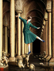 Rule 34 | 1girl, blazer, blush, dancing, closed eyes, female focus, full body, hallway, indoors, jacket, original, outstretched arms, outstretched hand, school uniform, smile, solo, statue, sunaenoma