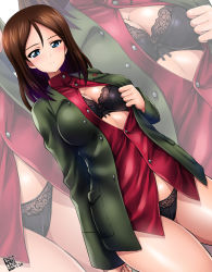 Rule 34 | 1girl, black bra, black panties, blue eyes, blush, bow, bow bra, bra, breasts, brown hair, cameltoe, cleavage, dated, dutch angle, girls und panzer, green jacket, heart, jacket, kamogawa tanuki, lace, lace-trimmed bra, lace-trimmed panties, lace trim, large breasts, long hair, long sleeves, looking at viewer, no pants, nonna (girls und panzer), open clothes, panties, parted bangs, pravda school uniform, school uniform, signature, smile, solo, star (symbol), thighs, turtleneck, unbuttoned, underwear, zoom layer