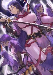 Rule 34 | 5girls, absurdres, arm guards, armor, axe, bodysuit, bow (weapon), breasts, clone, closed eyes, collar, dark background, electricity, fate/grand order, fate (series), gyamu (chewing-gum), hairband, highres, japanese armor, japanese clothes, katana, large breasts, loincloth, long hair, looking to the side, minamoto no raikou (fate), moon, multiple girls, multiple persona, naginata, night, night sky, parted bangs, polearm, purple bodysuit, purple eyes, purple hair, ribbed sleeves, ribbon, rope, scabbard, serious, sheath, short hair, sky, smile, sword, very long hair, very short hair, weapon, wide sleeves