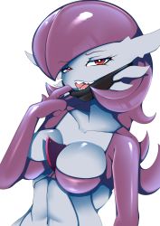 Rule 34 | 1girl, absurdres, alternate color, alternate shiny pokemon, ashraely, breasts, collarbone, colored skin, commission, creatures (company), female focus, game freak, gardevoir, gen 3 pokemon, grey skin, half-closed eyes, hand up, happy, highres, long hair, looking at viewer, mask, mask pull, medium breasts, multicolored skin, navel, nintendo, open mouth, pokemon, pokemon (creature), purple hair, purple skin, red eyes, sharp teeth, shiny skin, simple background, smile, solo, teeth, two-tone skin, upper body, white background