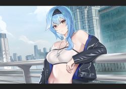 Rule 34 | 1girl, absurdres, bare shoulders, black jacket, blue hair, breasts, cityscape, closed mouth, eula (genshin impact), genshin impact, hairband, highres, jacket, jewelry, kyogree, leather, leather jacket, looking at viewer, medium breasts, midriff, navel, necklace, open clothes, open jacket, sky, solo, strapless, tube top, upper body, yellow eyes