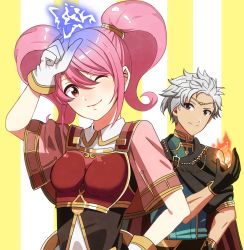 Rule 34 | 1boy, 1girl, armor, bad id, bad pixiv id, boey (fire emblem), breastplate, brown eyes, cape, circlet, dark skin, electricity, fire, fire emblem, fire emblem echoes: shadows of valentia, gloves, mae (fire emblem), nintendo, one eye closed, pink hair, red eyes, takana (momoti678), twintails, upper body, white hair