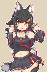 Rule 34 | 1girl, absurdres, animal ear fluff, animal ears, black hair, black ribbon, black shirt, black skirt, choker, claw pose, collarbone, cowboy shot, detached sleeves, hair ornament, hands up, highres, hololive, long hair, long sleeves, miniskirt, multicolored hair, ookami mio, ookami mio (1st costume), open mouth, outline, red choker, red hair, red neckwear, ribbon, rope, sailor collar, school uniform, serafuku, shimenawa, shirt, skirt, sleeveless, sleeveless shirt, smile, solo, tail, tail wrap, tenkasu (aster4545), thighs, twitter username, two-tone hair, virtual youtuber, white outline, white sailor collar, wolf ears, wolf girl, wolf tail, yellow eyes