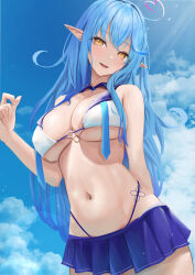 Rule 34 | 1girl, :d, ahoge, arm behind back, bare shoulders, bikini, blue hair, blue skirt, blush, breasts, cleavage, cloud, cowboy shot, day, detached collar, elf, haro art, head tilt, heart, heart ahoge, highres, hololive, large breasts, light rays, long hair, looking at viewer, miniskirt, navel, open mouth, outdoors, pleated skirt, pointy ears, skirt, smile, solo, stomach, sunbeam, sunlight, swimsuit, underboob, very long hair, virtual youtuber, white bikini, yellow eyes, yukihana lamy