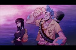 Rule 34 | 1boy, 1girl, artist name, backpack, bag, black eyes, black hair, blue hair, blunt bangs, chain, chain necklace, closed mouth, commentary, crossed arms, franky (one piece), holding, holding removed eyewear, jewelry, long hair, looking at viewer, mrs.custard, necklace, nico robin, one piece, open clothes, shirt, short hair, short sleeves, smile, spiked hair, star (symbol), sunglasses, tattoo, teeth, unworn eyewear, yellow shirt