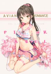 Rule 34 | 1girl, anmi, bow, breasts, brown hair, cheerleader, clothes pull, hair bow, hand on own thigh, highres, large breasts, leg ribbon, long hair, looking at viewer, midriff, mole, mole under eye, mole under mouth, multicolored clothes, multicolored skirt, navel, no socks, original, panties, pom pom (cheerleading), ponytail, purple panties, ribbon, sailor collar, shoes, side-tie panties, single thighhigh, sitting, skirt, skirt pull, smile, sneakers, solo, thigh ribbon, thighhighs, underwear, wariza, white thighhighs, wrist ribbon, yellow eyes