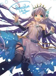Rule 34 | 1girl, bare shoulders, belt, blue eyes, blue hair, breasts, detached sleeves, dragalia lost, flower, lily (granblue fantasy), long hair, looking at viewer, open mouth, pointy ears, pokira, small breasts, smile, thigh strap, thighhighs, tiara, very long hair