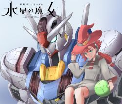 Rule 34 | 1girl, absurdres, blue eyes, commentary, copyright name, english commentary, english text, green eyes, gundam, gundam aerial, gundam suisei no majo, hairband, haro, hat, highres, jellen squish, long hair, looking at viewer, low ponytail, mecha, mobile suit, red hair, robot, single sidelock, sitting, smile, suletta mercury, v-fin, witch hat