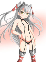 Rule 34 | 10s, 1girl, amatsukaze (kancolle), black panties, blush, breasts, deego (omochi bazooka), flying sweatdrops, garter straps, hand on own hip, highres, kantai collection, long hair, looking at viewer, naked suspenders, navel, panties, school uniform, serafuku, silver hair, small breasts, solo, striped clothes, striped thighhighs, suspenders, sweatdrop, thighhighs, topless, twintails, two side up, underwear, wavy mouth, yellow eyes