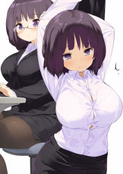 Rule 34 | 1girl, arms up, black pantyhose, blush, breasts, buttons, chair, dress shirt, formal, glasses, kaisen chuui, large breasts, multiple views, office lady, original, pantyhose, pencil skirt, purple eyes, purple hair, rimless eyewear, shirt, shirt tucked in, short hair, simple background, sitting, skirt, skirt suit, suit, table, taut clothes, taut shirt, white background