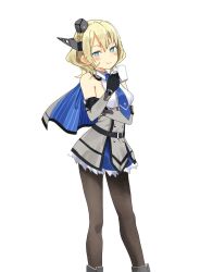 Rule 34 | 1girl, annin musou, bad id, bad twitter id, black gloves, black pantyhose, blonde hair, blue eyes, blue necktie, braid, breasts, capelet, colorado (kancolle), contrapposto, cup, dress, elbow gloves, feet out of frame, garrison cap, gloves, grey dress, hat, headgear, highres, kantai collection, medium breasts, mug, necktie, pantyhose, pleated dress, shirt, short hair, side braids, simple background, sleeveless, solo, white background, white shirt