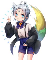 Rule 34 | 1boy, ahoge, animal ear fluff, animal ears, black jacket, blouse, blue bow, blue bowtie, blue shorts, bow, bowtie, braid, commentary request, double fox shadow puppet, extra ears, fox boy, fox ears, fox shadow puppet, highres, hololive, jacket, looking at viewer, onigumo zx, open clothes, open jacket, parted bangs, personification, shirt, shorts, simple background, single braid, smile, sukonbu (shirakami fubuki), virtual youtuber, white background, white hair, white shirt