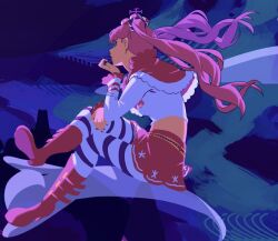 Rule 34 | 1girl, boots, capelet, commentary, crop top, crossed legs, english commentary, floating, floating hair, full body, ghost, hair tie, hand on own chin, long sleeves, night, night sky, one piece, pantyhose, perona, pink hair, red capelet, salmonfordinner, skirt, sky, solo, striped clothes, striped pantyhose, twintails