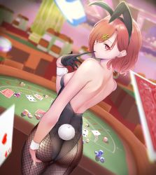 Rule 34 | 1girl, animal ears, ass, back, back-seamed legwear, bare shoulders, biting, black gloves, black leotard, black pantyhose, blurry, blurry background, breasts, card, casino, casino card table, commentary request, dutch angle, fake animal ears, fake tail, fishnet pantyhose, fishnets, glove biting, glove in mouth, gloves, hair ornament, hairclip, heart, highres, higuchi madoka, idolmaster, idolmaster shiny colors, indoors, leotard, looking at viewer, looking back, mole, mole under eye, mouth hold, pantyhose, playboy bunny, playing card, purple eyes, rabbit ears, rabbit tail, red hair, seamed legwear, short hair, sideboob, small breasts, solo, strapless, strapless leotard, sunvinegar, swept bangs, table, tail, wrist cuffs