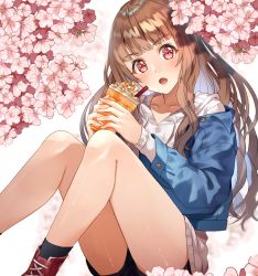 Rule 34 | 1girl, alternate hairstyle, bare legs, black legwear, blunt bangs, boots, brown hair, cherry blossoms, commentary request, cup, denim, denim jacket, disposable cup, drink, drinking straw, hair down, highres, idolmaster, idolmaster cinderella girls, jacket, kamiya nao, knees up, long sleeves, looking at viewer, open mouth, red eyes, shio kouji (shiokojii), short shorts, shorts, solo, thick eyebrows, thighs, v-neck, white background