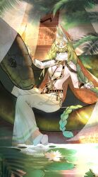 Rule 34 | 1girl, absurdres, bare shoulders, barefoot, black nails, braid, braided ponytail, breasts, cleavage, egypt, egyptian clothes, full body, green eyes, green hair, hieroglyphics, highres, honkai (series), honkai impact 3rd, hulai de gou sheng, lily pad, long hair, looking at viewer, medium breasts, mobius (honkai impact), mobius (scorching gravel) (honkai impact), nail polish, see-through, sitting, snake, solo, veil, wading, water