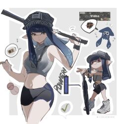 Rule 34 | 1girl, black shorts, blue hair, breasts, closed mouth, crop top, hat, highres, holding, holding weapon, inkling, inkling girl, inkling player character, jewelry, lofter username, long hair, looking at viewer, medium breasts, multiple views, necklace, nintendo, pointy ears, red eyes, shoes, short shorts, shorts, sleeveless, sneakers, splatoon (series), splatoon 3, tentacle hair, vidoakdame, weapon