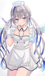 Rule 34 | 1girl, absurdres, amane kanata, amane kanata (nurse), angel wings, apron, arm at side, bandaged arm, bandages, barefoot, blue hair, blue wings, blunt bangs, colored inner hair, detached collar, dress, feathered wings, flat chest, frilled apron, frills, gloves, grey dress, grey hair, hair ornament, hairclip, hand up, hat, highres, holding, holding syringe, hololive, id card, lanyard, multicolored hair, no legwear, nurse, nurse cap, official alternate costume, official alternate hair length, official alternate hairstyle, puffy short sleeves, puffy sleeves, purple eyes, seiza, short sleeves, sitting, syringe, tamamorh, twintails, virtual youtuber, white apron, white gloves, white wings, wing collar, wings, x hair ornament