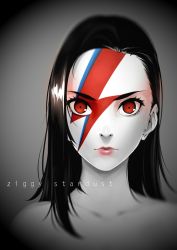 Rule 34 | 1girl, black hair, commentary, david bowie, forehead, lightning bolt symbol, lipstick, long hair, lulu-chan92, makeup, monochrome, parody, red eyes, simple background, solo, spot color, ziggy stardust