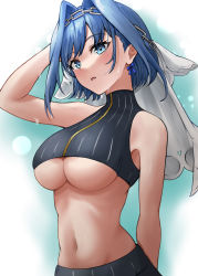 Rule 34 | 1girl, absurdres, arm behind head, bare arms, bare shoulders, blue eyes, blue hair, breasts, chain, crop top, from below, gradient background, hair between eyes, hair intakes, hairband, hand up, highres, hololive, hololive english, large breasts, lds (dstwins97), looking at viewer, midriff, navel, open mouth, ouro kronii, ouro kronii (1st costume), short hair, solo, sweat, swept bangs, underboob, upper body, veil, virtual youtuber, wet, wet hair, white background