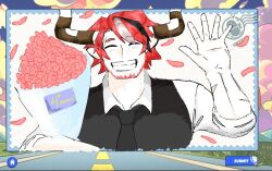 Rule 34 | 1boy, ^ ^, alternate costume, animal ears, arknights, bara, beard, blush, bouquet, closed eyes, confetti, cow boy, cow ears, cow horns, facial hair, facing viewer, flower, full beard, happy, holding, holding bouquet, horns, humus (arknights), male focus, medium request, red hair, scar, short hair, solo, straight-on, thick eyebrows, upper body, vest, waving, zeb (daneonkio24)