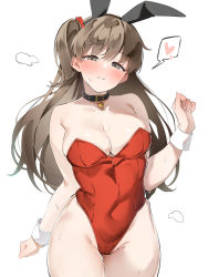 Rule 34 | 1girl, animal ears, arm behind back, belt collar, black collar, blush, breasts, brown hair, cleavage, closed mouth, collar, commentary, covered navel, cowboy shot, fake animal ears, green eyes, hand up, heart, highres, idolmaster, idolmaster cinderella girls, karan, large breasts, leotard, long hair, looking at viewer, makihara shiho, one side up, playboy bunny, rabbit ears, red leotard, simple background, smile, solo, spoken heart, standing, strapless, strapless leotard, white background, wrist cuffs