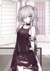 Rule 34 | 1girl, absurdres, arknights, arms behind back, bare shoulders, black choker, black dress, choker, commentary request, cowboy shot, dress, fence, grey eyes, grey hair, hair over one eye, highres, jewelry, long hair, looking at viewer, nagisa (cxcx5235), official alternate costume, outdoors, partial commentary, pendant, pointy ears, sleeveless, sleeveless dress, solo, standing, thigh strap, tomimi (arknights), two side up