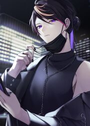 Rule 34 | 1boy, absurdres, ahoge, black hair, black jacket, black mask, black nails, black sweater, blonde hair, blurry, blurry background, building, cellphone, chain necklace, closed mouth, commentary request, ear piercing, earrings, expressionless, fingernails, hair bun, hands up, highres, holding, holding phone, jacket, jewelry, lapels, long sleeves, looking at viewer, male focus, mask, mask pull, mouth mask, multicolored hair, multiple rings, nail polish, necklace, night, nijisanji, nijisanji en, off shoulder, open clothes, open jacket, outdoors, parted bangs, peridot (periperi 8), phone, piercing, pink hair, purple eyes, purple hair, ribbed sweater, ring, shu yamino, sidelocks, single hair bun, sleeveless, sleeveless sweater, smartphone, solo, streaked hair, sweater, swept bangs, thumb ring, turtleneck, turtleneck sweater, upper body, virtual youtuber