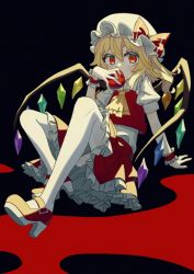 Rule 34 | 14mango, 1girl, apple, ascot, blonde hair, colored eyelashes, crystal, flandre scarlet, food, fruit, hat, hat ribbon, highres, looking to the side, mob cap, pantyhose, petticoat, puffy short sleeves, puffy sleeves, red eyes, red footwear, red skirt, red vest, ribbon, shirt, shoe strap, short sleeves, simple background, skirt, solo, touhou, vest, white hat, white pantyhose, white shirt, wings, yellow ascot