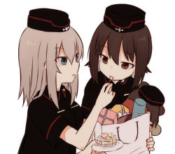 Rule 34 | 10s, adapted uniform, bag, black shirt, blue eyes, brown eyes, brown hair, cake, character doll, dress shirt, eating, feeding, food, from side, fud, girls und panzer, holding, holding stuffed toy, itsumi erika, kuromorimine military uniform, leaning forward, long hair, looking at another, military, military uniform, nishizumi maho, parted lips, saucer, sharing food, shirt, shopping bag, short hair, short sleeves, silver hair, simple background, spoon, standing, stuffed animal, stuffed toy, summer uniform, teddy bear, uniform, upper body, white background, wing collar